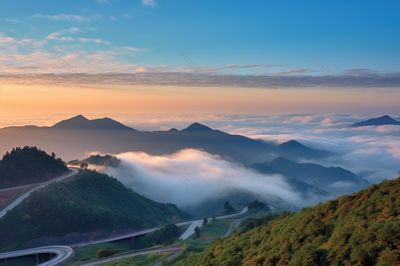 湖北咸宁九宫山山顶道路云海蜿蜒山路,高清,摄影图,摄影图片,图片大全,摄影图免费下载